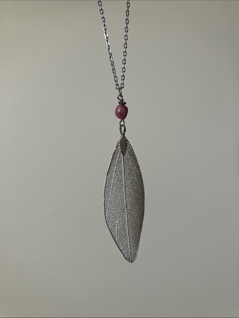 Delicate Silver Leaf Necklace with Pink Accent Bead